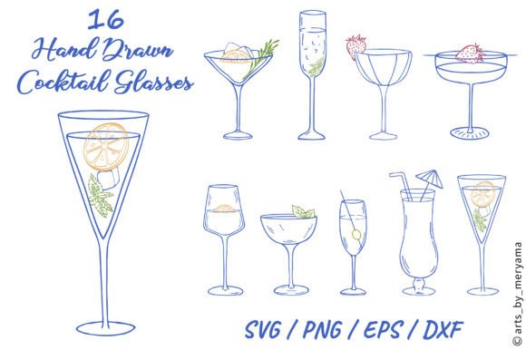 16 Hand Drawn Cocktails: SVG Illustrations & Graphics