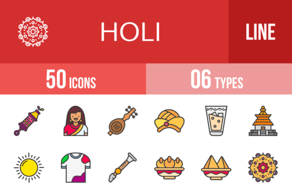 50 Holi Filled Line Icons: Graphics & Icons for Vibrant Content