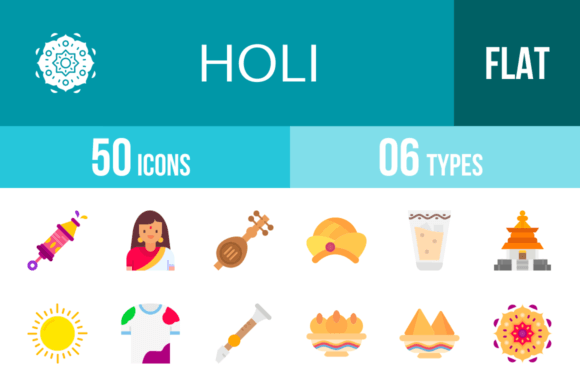 50 Holi Flat Multicolor Icons