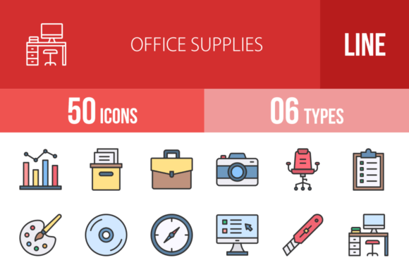 50 Office Supplies Filled Line Icons
