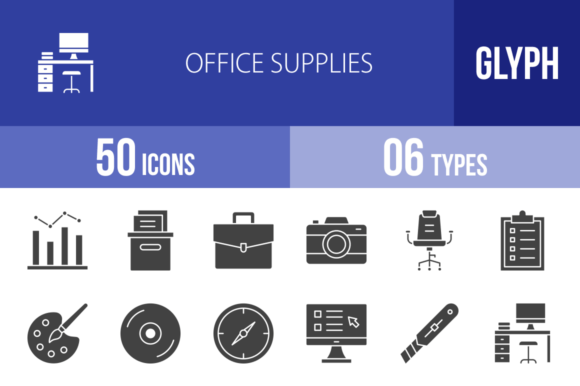 50 Office Supplies Glyph Icons: Clean Graphics & Versatile Icons
