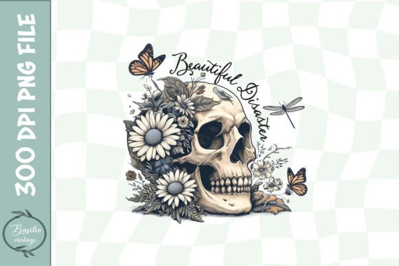 Beautiful Disaster Floral Skull PNG Graphics for Crafts