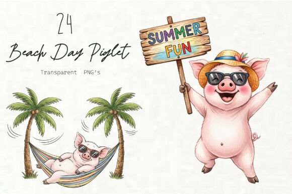 Whimsical Beach Day Piglet Clipart: Graphics & Illustrations